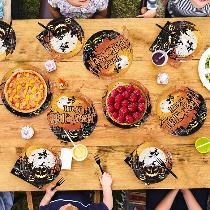 200PCS Halloween Party Supplies Set with Trick Treat Witch and Pumpkin Design Includes Disposable Halloween Plates Napkins and Forks for Spooky Party Decorations