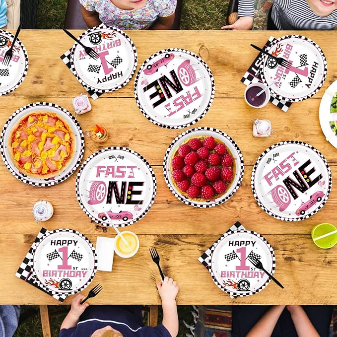 96Pcs Fast One Party Decorations for Girls Pink Race Car 1st Birthday Plates and Napkins Tableware Set Racing Car 1 Year Old Party Decorations Favor for Baby Shower First Birthday Supplies Serves 24