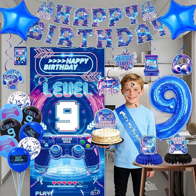 Video Game 9th Birthday Decorations for Boys, Level 9 Birthday Decorations Include Banner Backdrop Sash Honeycomb Centerpieces Hanging Swirls Stickers Cake Topper for Gamer Birthday Party Supplies