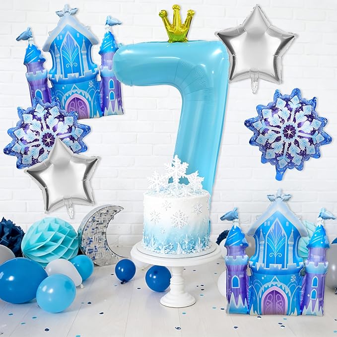 7Pcs 7th Birthday Party Decorations Balloons,Winter Snowflake Balloons Large Blue 40 Inch Number 7 Balloon Foil Star Castle Ballon for Birthday Party Favor Decor Supplies Winter Wonderland Decoration