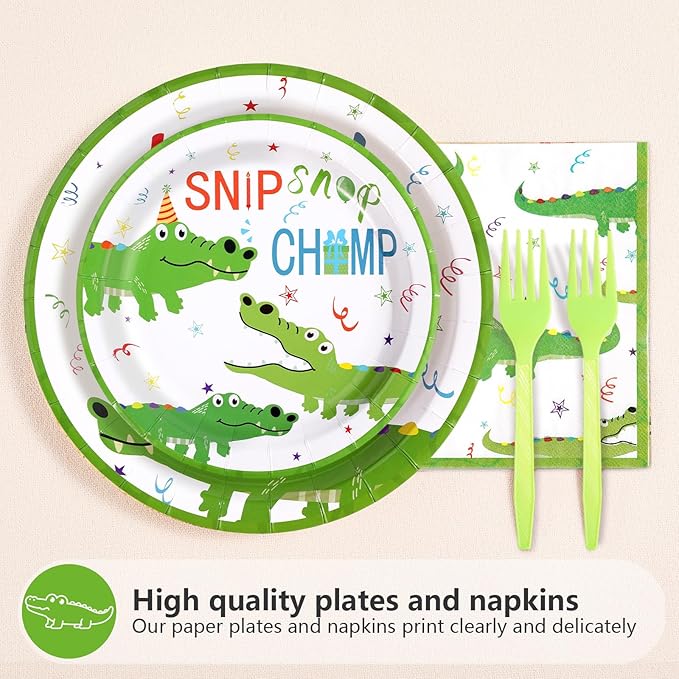 96Pcs Crocodile Birthday Party Supplies Reptile Crocodile Plates and Napkins Green Alligator Animal Theme Tableware Set for Kids Boys Jungle Safari Swamp Birthday Party Supplies，Serves 24