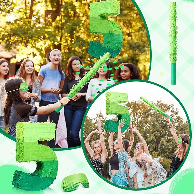 Number Piñata Decorations 16 Inch Gradient Green Piñata with Blindfold Stick and Confetti for Birthday Baby Shower Safari Jungle Themed Party Supplies Centerpiece(Number 5)