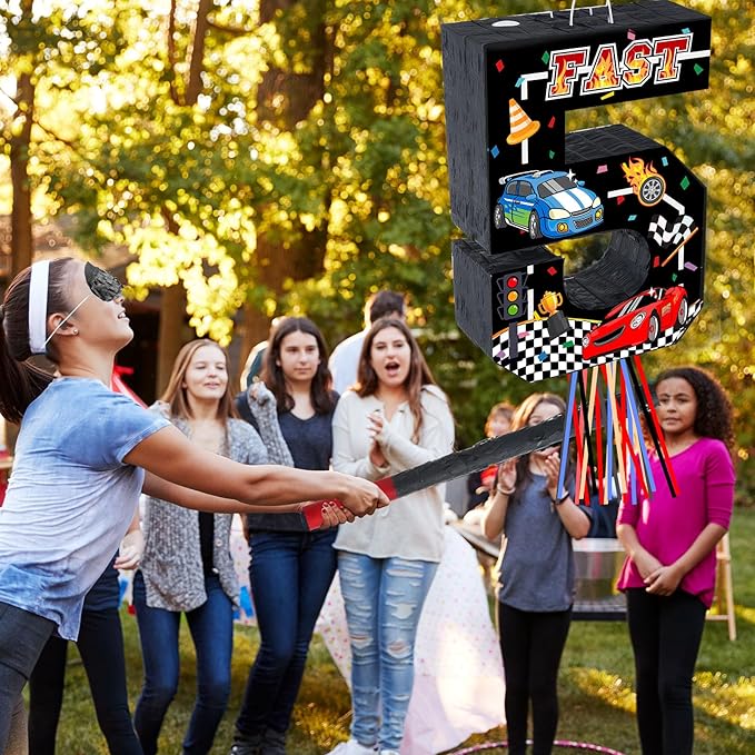 Race Car Piñata Pull String Cars Piñatas for Birthday Party Decorations Number 2 3 4 5 6 with Blindfold Stick Small Red Black Racing Theme 2nd 3rd 4th 5th 6th Party Supplies(Number 5)