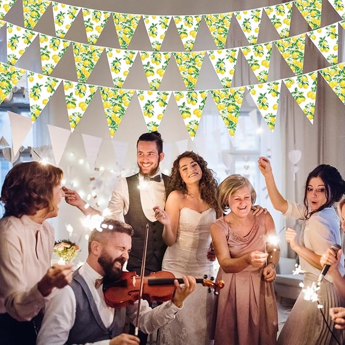 HESTYA 5 Pcs 49 Ft Lemon Party Decorations Yellow Floral Lemon Banner Pre-Assembled Summer Lemonade Triangle Flag Bunting Garland for Wedding Bridal Shower Birthday Baby Shower Party Supplies