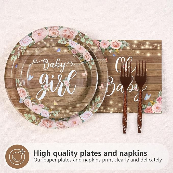 96 Pcs Rustic Girl Baby Shower Decorations Pink Floral Rustic Wood Paper Plates and Napkins A Sweet Little Girl Is on Her Way Tableware Set for Baby Shower Birthday Party Supplies