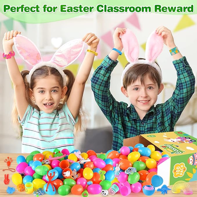 100 Pack Prefilled Easter Eggs with Assorted Toys, Bright Colorful Easter Eggs for Easter Basket Stuffers/Fillers, Easter Eggs Hunt, Classroom Prize Supplies, Party Favors Bulk for Kids