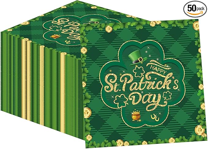 50 Pcs St Patrick's Day Shamrock Green Clover Paper Napkins, 6.5''x6.5'' Irish Green Gold Disposable Cocktail Beverage Napkins for Home Dinner Kitchen Bathroom Party Supplies
