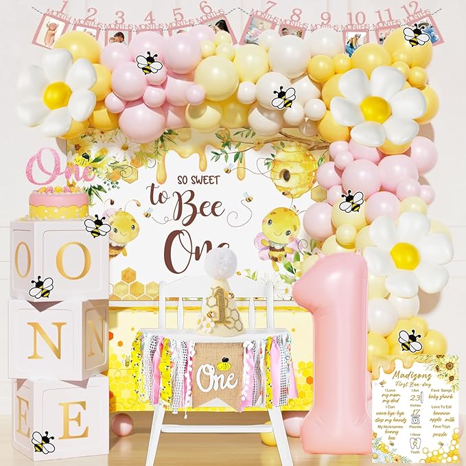 First Bee Day Decorations Girl – 108PCs Honey Bee Themed 1st Birthday Party Supplies with So Sweet to Bee One Backdrop, Banner, Pink Yellow Balloon Garland Kit, Tablecloth