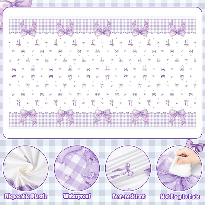 3Pcs Purple Bow Party Tablecloths - Purple Bow Knot Party Table Covers Decorations Rectangular Plastic Disposable Table Cloth Decor for Kids Girls Women Birthday Baby Shower Supplies