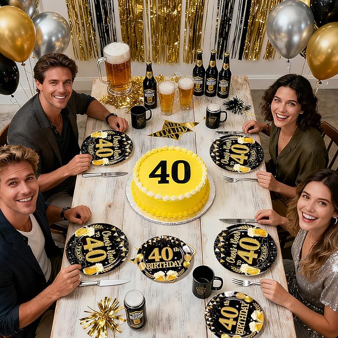 96Pcs 40th Birthday Party Supplies Black Gold Plates and Napkins Tableware Sets Cheers and Beers to 40 Years Decorations Favors for Men Women 40 Years Old Birthday Dinner Holiday Party Serves 24