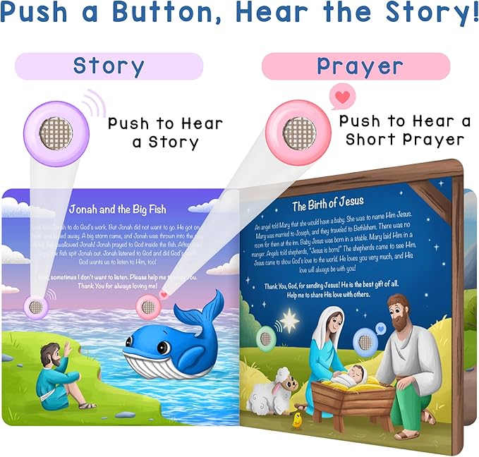 LEARNING BUGS Christian Bible Stories – 13 Stories and Prayers for Little Ones, Musical Books for Toddlers, 28-Button Bible Story Book, Musical Toys for Toddlers 1-3
