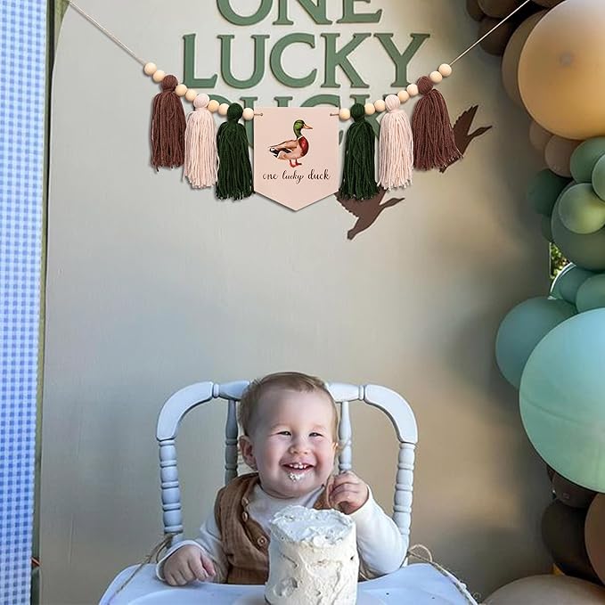 Gostman One Luck Duck High Chair Banner - Mallard Duck Hunting First Birthday Party Supplies,Mallard Duck Sign First Birthday Highchair Banner (mallard duck banner)