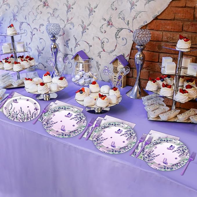 96 Pcs Purple Party Supplies Lavender Paper Plates Napkins Watercolor Floral Cake Dessert Tableware Set Butterfly Dinnerware for Spring Summer Birthday Party Shower Decoration Serve 24