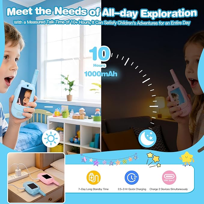 Video Walkie Talkies for Kids, Blue/Pink 2 Pack 1000 mAh Rechargeable Long Range Video walkie talkies, 3 Wearing Options Indoor Outdoor Toys for Family Games, Outside, Gifts for Boys Girls Ages 3-12