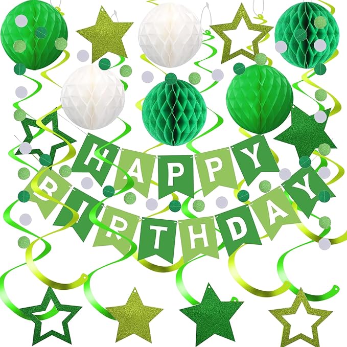 Green and White Birthday Decorations, Happy Birthday Banner with Green Star Hanging Swirl Streamers Honeycomb Balls Paper Circle Garland For Party Supplies