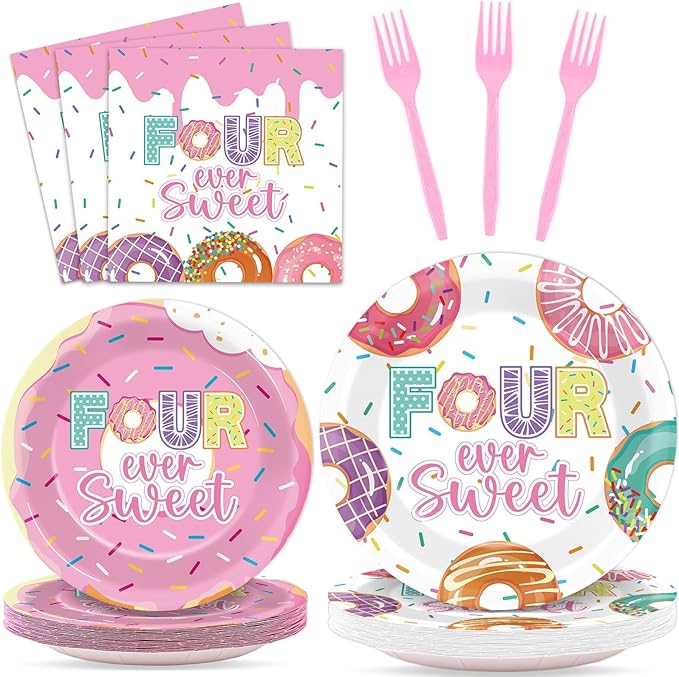 96 Pcs 4th Birthday Donut Party Decoration for 24 Guests Four Sweet Donut Paper Plates Napkins Four Years Old Themed Tableware Set Table Supplies 4th Birthday Pink Party Favor