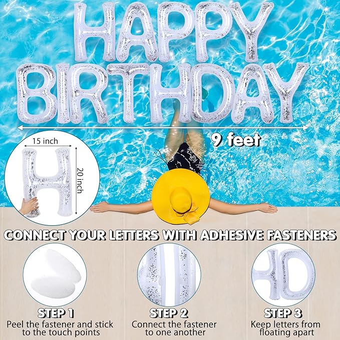Shappy 20'' Happy Birthday Pool Large Floating Letter Balloons with Adhesive Dots Inflatable Pool Decorations for Summer Birthday Party