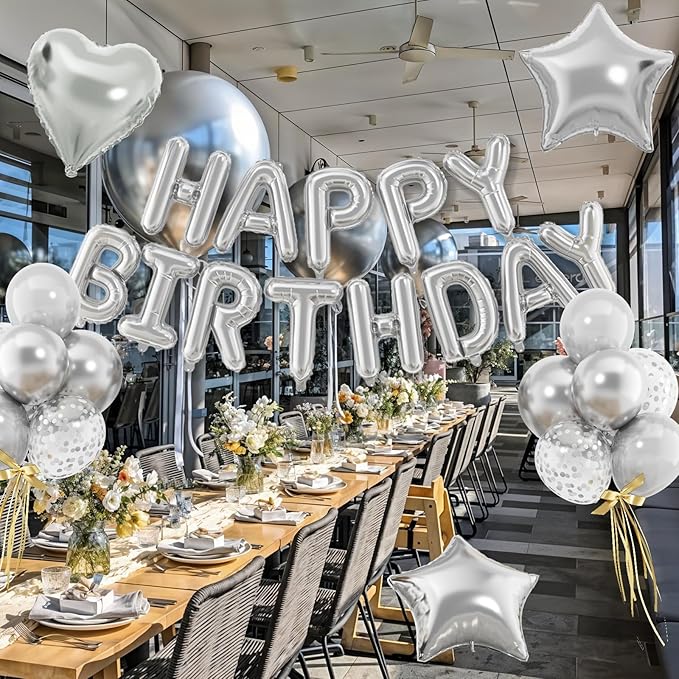 29PC Silver Happy Birthday Balloon Banner, 16 Inch 3D Aluminum Letter Banner Sign, Metallic Silver Pearl Latex Balloons 18 Inch Star Heart Foil Balloons for Women, Men Party Decorations