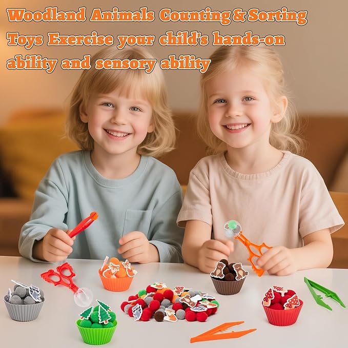 EZdhuawuse Woodland Animals Sensory Bin Fillers - 266Pcs Spring Animals Fine Motor Toys Sorting Stacking Toys for Kids, Felt Fox Bear Pom Poms Cup Clip for Preschool Education Development Activity