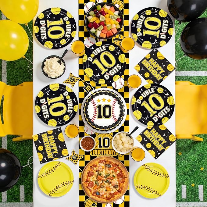 96Pcs Softball 10th Birthday Party Supplies Sport Themed 10th Birthday Plates and Napkins Yellow Black Softball Disposable Paper Tableware Set for Kids 10 Year Old Party Supplies Serves 24