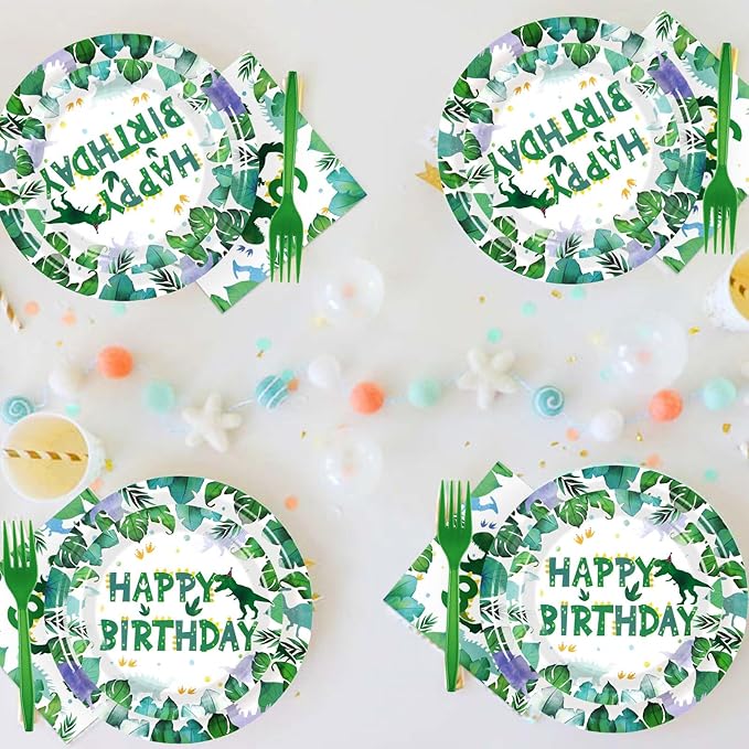 Grencian 96 PCS Dinosaur 3rd Birthday Party Supplies 350 GSM 3 Rex Dinosaur Plates and Napkins Tableware Set for Three Rex Birthday Decorations Boy Dino 3 Year Old birthday Party Decorations Serves 24