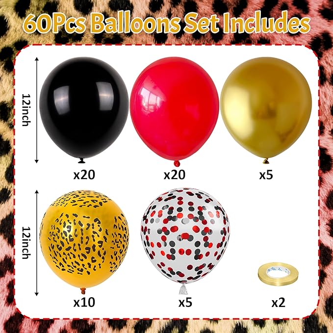 Red Black Cheetah Balloons, 60Pcs 12Inch Black Red Metallic Gold and Leopard Print Balloons with Confetti Latex Balloon for Wild Animal Jungle Safari Zoo Theme Birthday Bachelorette Party Decoration