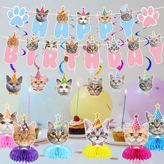 Cat Birthday Party Supplies Cat Birthday Party Decorations, Cat Themed Birthday Party Supplies Includes 1 Birthday Banner, 6 Cat Honeycomb Centerpieces, 6 Hanging Swirls with 6 Cat Cutouts
