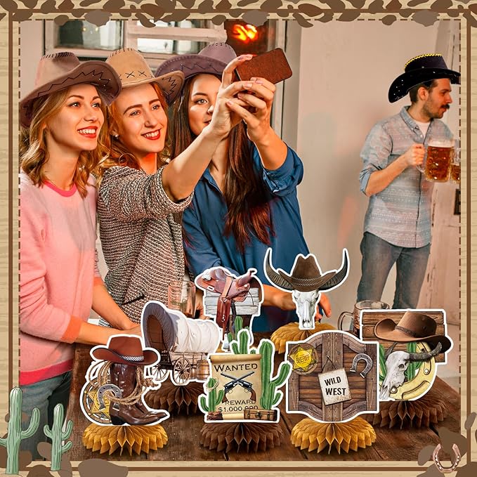 12 Pcs Cowboy Western Party Decorations Wild West Honeycomb Centerpieces for Tables Cowboy Rodeo Centerpieces 3D Western Theme Birthday Party Supplies