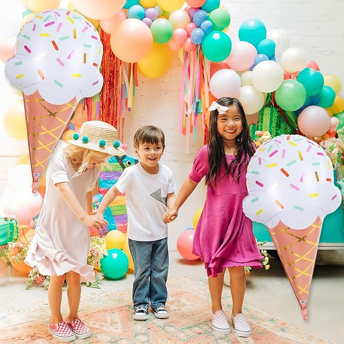 32 Inch Large Ice Cream Balloons Cone Kit, Giant Sweet Ice Cream Sprinkle Foil Balloons, Popsicle Three Scoops of Fun Social Party Decorations for Kid Girls Birthday Summer Beach Hawaii Pool Decor