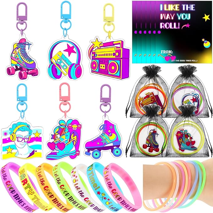 120 Pcs Roller Skate Party Supplies Roll Party Supplies Include Skate Keychain Glow in The Dark Silicone Wristband Luminous Bracelet Thank You Card for Retro 80s 90s Hip Hop Birthday