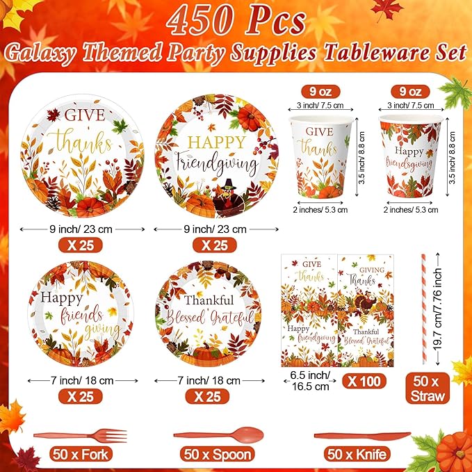 450 Pcs Happy Friendsgiving Tableware Set Decorations, Fall Thanksgiving Pattern Paper Plates Napkins Cups Cutlery Straws for Autumn Harvest Friendsgiving Dinner Party Supplies, Serves 50