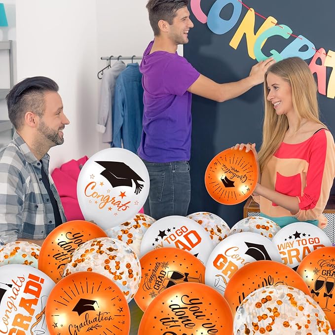 Whaline 60Pcs Graduation Party Balloon Set 7 Designs Orange White Confetti Latex Balloon with 2 Rolls Ribbon Grad Cap Congrats Grad Balloon for Graduation Party Decoration Supplies