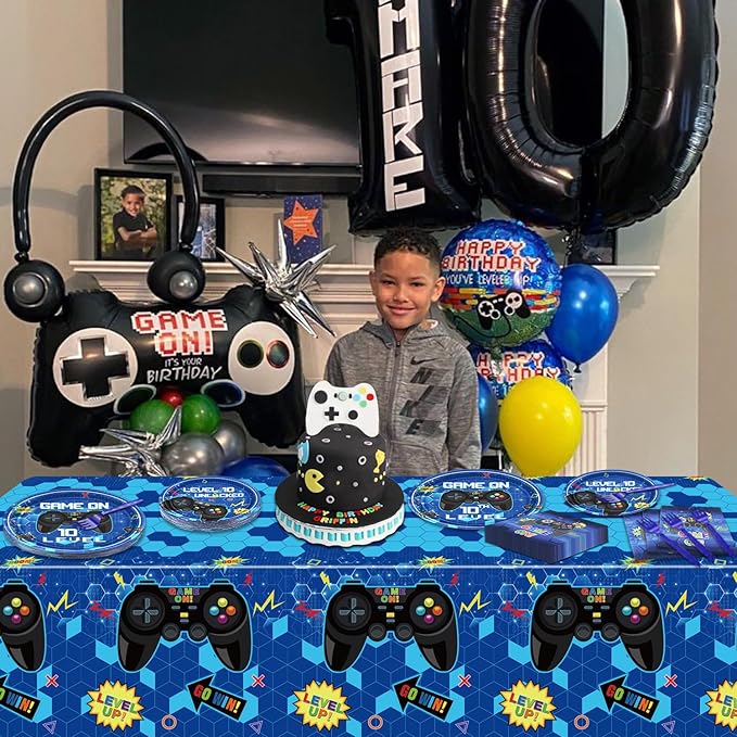 10th Birthday Decorations for Boys, 81 Pcs Level 10 Video Game Party Decorations, Including Video Game Plates Napkins Tablecloth Forks for Gamer Birthday Party, Serves 20, Blue
