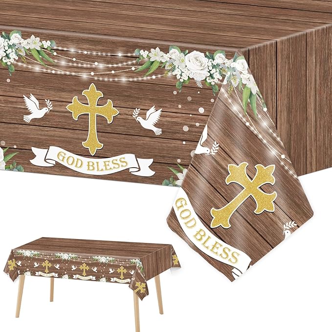 3 PCS God Bless Baptism Tablecloths - Decoration for First Holy Communion, Christening, Newborn Baby Shower Theme Supplies - Plastic Table Cover - Rustic Wood Floral Party Favors