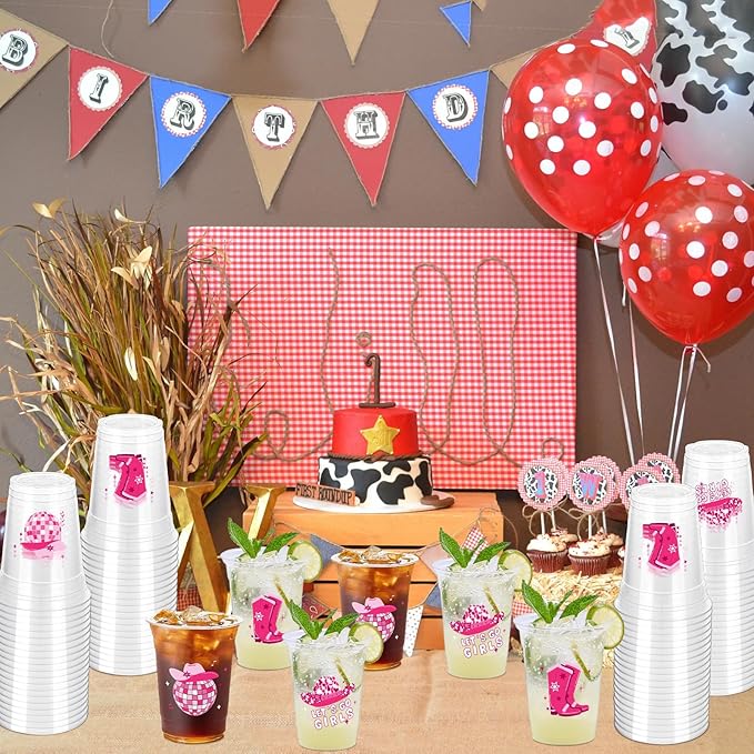 100 Pcs Pink Cowgirl Disco Plastic Cups, 12 oz Western Cowgirl Plastic Cups Clear Disposable Western Cowgirl Party Cups for Cowgirl Birthday Party Baby Shower Last Rodeo Party Supplies