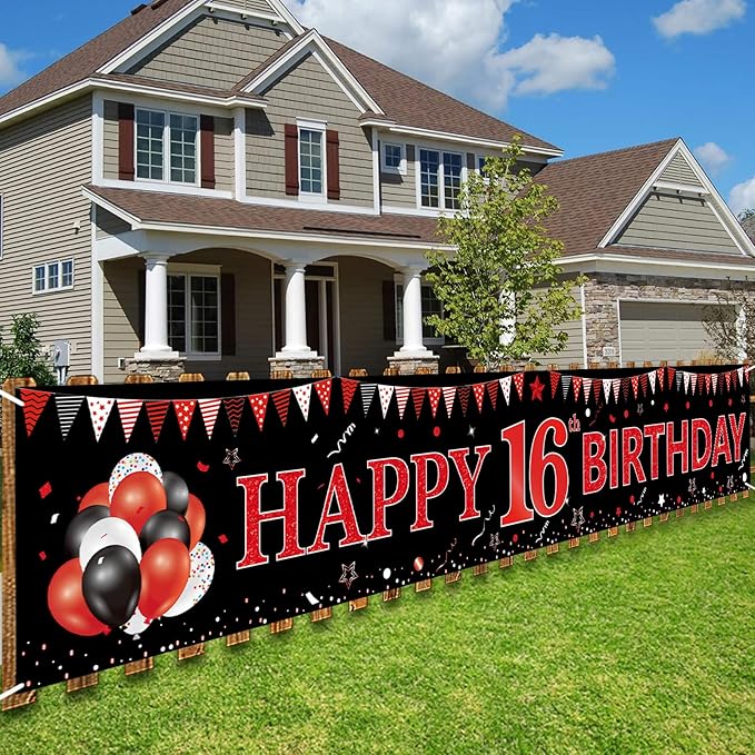 Red Black 16th Birthday Banner Decorations for Boys Girls, Black and Red Happy 16 Birthday Yard Banner Sign Party Supplies, Large Sixteen Year Old Birthday for Outdoor Indoor (9.8x1.6ft)