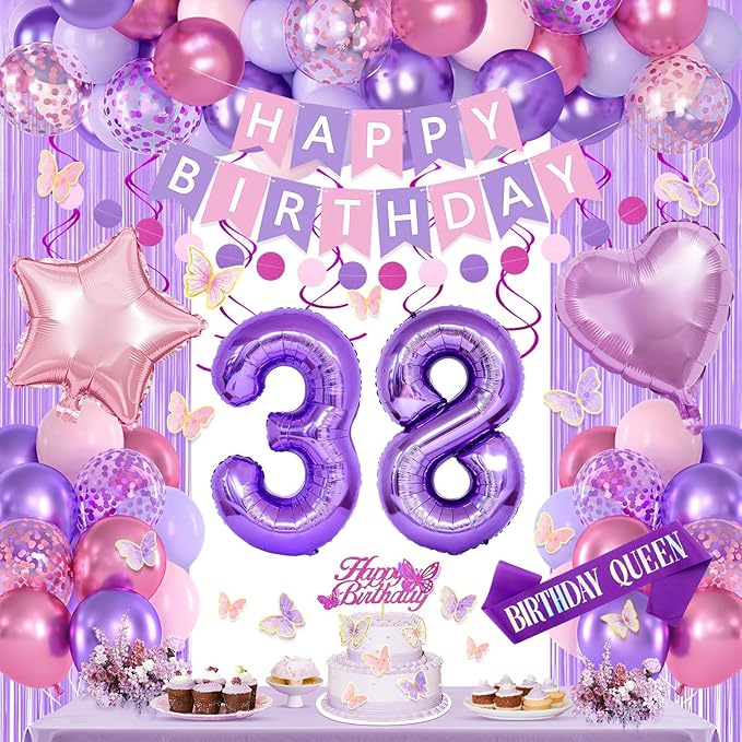 38th Purple Birthday Decorations for Women, Pink and Purple Happy 38 Birthday Party Decorations with Happy Birthday Banner, Number Foil Balloons, Butterfly Cake Topper for 38th Party Supplies