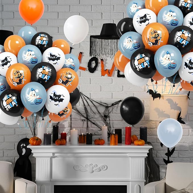 Halloween Party Balloons Decorations,12 Inch Blue and Orange Balloons Set Baby Blue White Print Balloon Cute Balloon for Halloween Themed Party Supplies