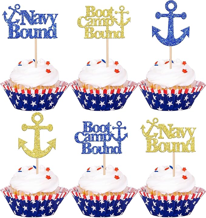 24 Pack Military Themed Cupcake Toppers Boot Camp Bound Cupcake Picks Navy Bound Themed Cupcake Decorations Welcome Ceremony Army Birthday Party Cake Decorations Supplies Blue