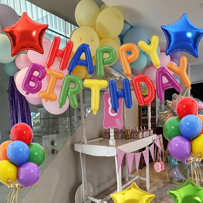 29PC Rainbow Happy Birthday Balloon Banner, 16 Inch 3D Aluminum Letter Banner Sign, Colourful Latex Balloon Helium 18 Inch Star Foil Balloon for Kids, Women, Men Birthday Party Decorations