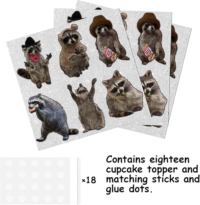 18pcs Glitter Dessert Cupcake Topper Woodland Raccoon Theme Decor Supplies Men Women Happy Birthday Baby Shower Party Decorations
