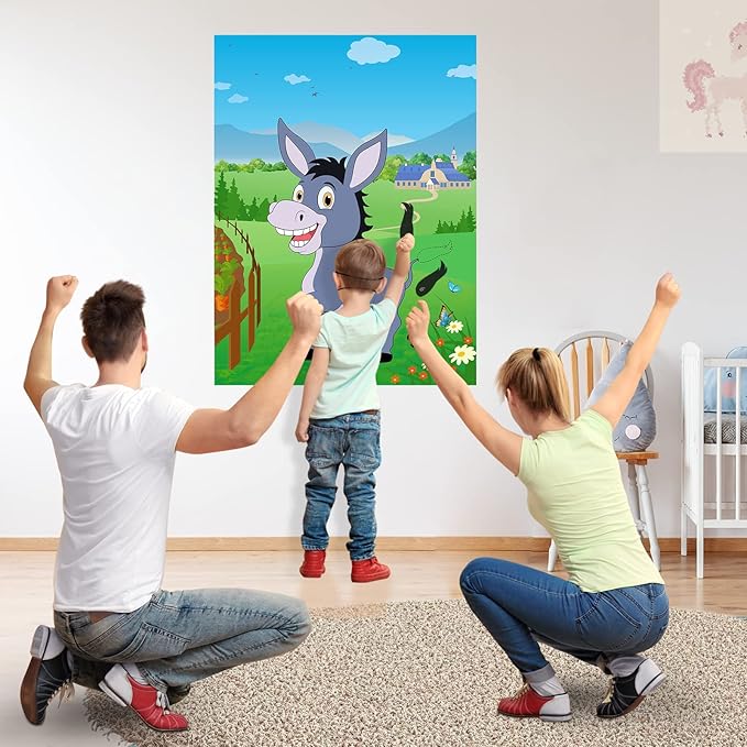 Morcheiong Pin The Tail on The Donkey Party Game with 48pcs Tails for Kids Birthday Party Supplies Donkey Party Favors Farm Party Decorations