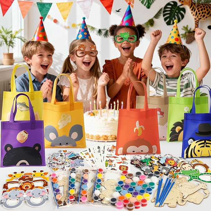 Winrayk 136Pcs Safari Party Favors Jungle Birthday Supplies for Kids, Wooden Painting Kit with Card/ Tote Bag/ Paper Glasses/ Keychain/ Tattoo Sticker/ Animal Sticker, Wild One Party Favors Decor