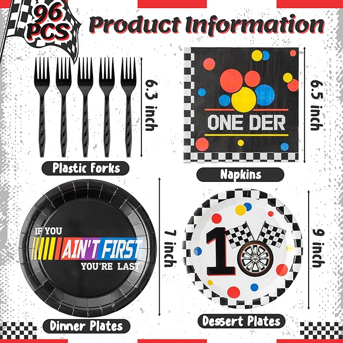 Racing Car First Birthday Party Supplies - 96pcs Paper Plates Napkins Forks Kids 1st Birthday Party Table Decorations Racing Car First Themed Disposable Cake Tableware Set for 24 Guests