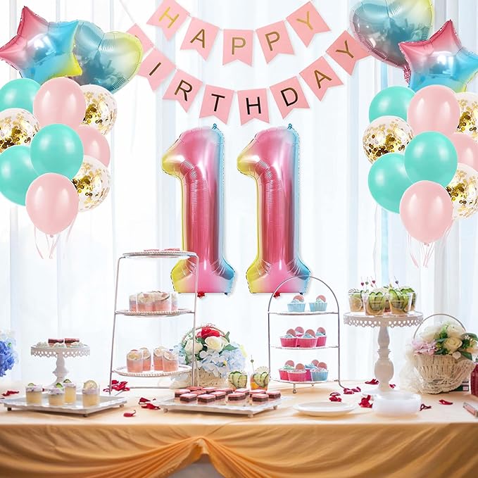 11th Birthday Decorations for Girls Gradient Color Age 11 Birthday Balloons with Happy Birthday Banner for Baby Showers Eleventh Birthday Party Supplies for Girls Boys (11th-Birthday)