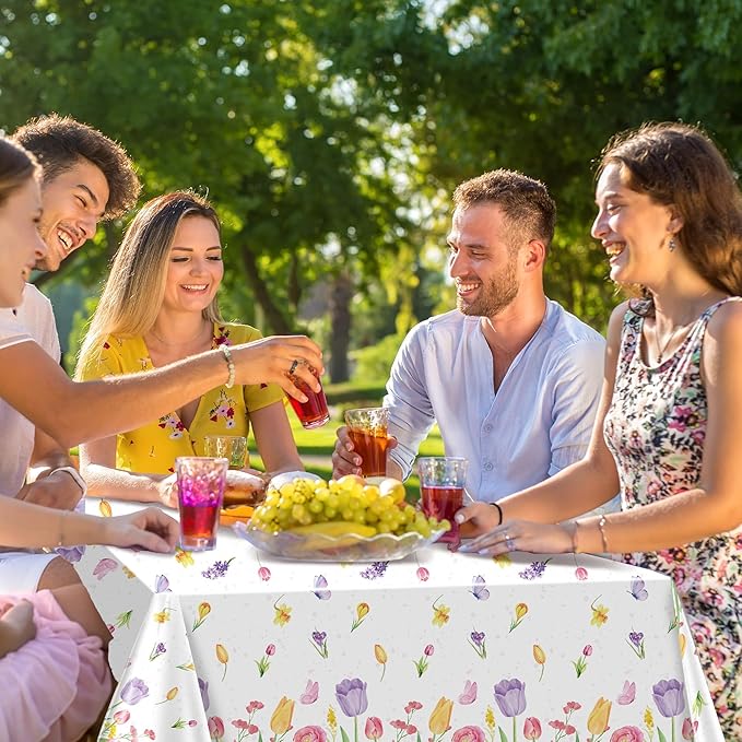 Kochorie Spring Flower Tulip Tablecloth Roll 54 Inch x 100 Feet Plastic Floral Disposable Table Cover Butterfly Wildflower Themed Backdrop for Spring Floral Tea Party Birthday Wedding Decor