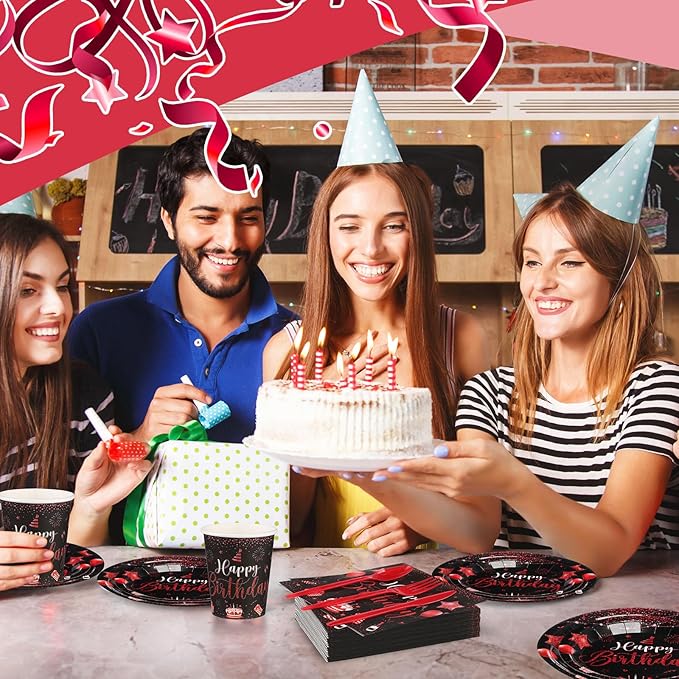 Vesici 350 Pcs Happy Birthday Party Supplies Disposable Party Tableware Set Serves 50 Included Plates Napkins Cups Cutlery for Men Woman 50th 80th Birthday Party Decorations (Black Red)