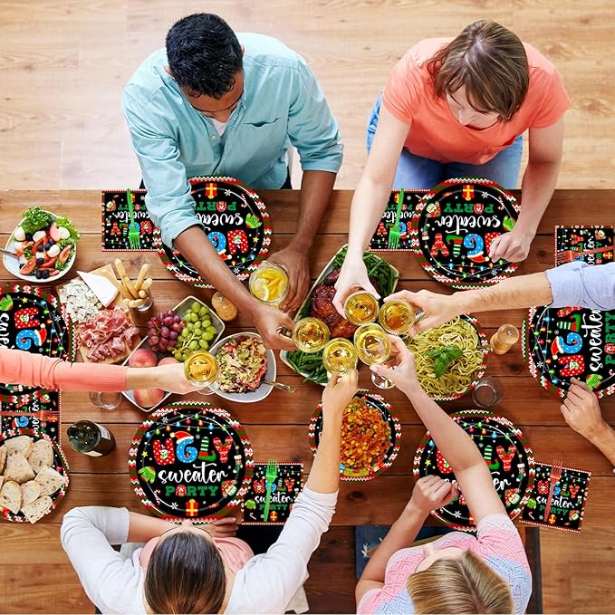 96Pcs Christmas Ugly Sweater Party Plates, Merry Christmas Party Decorations Supplies for Winter Holiday Xmas Family Gathering Birthday Party Disposable Tableware Set, Serves 24