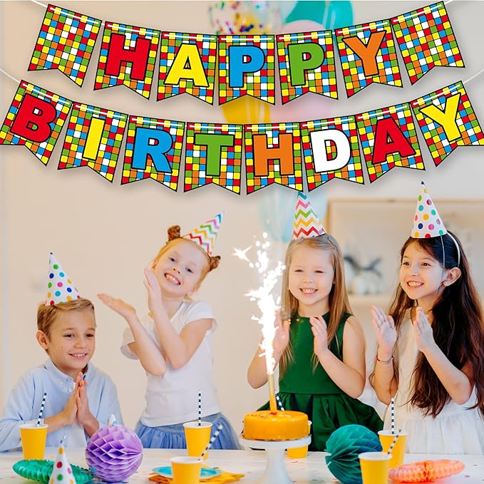 Colorful Cube Birthday Banner Plaid Block Puzzle Game Themed Decor with Colorful Letters for Kids Boys Girls Birthday Party Baby Shower Favors Decorations Supplies BECKTEN