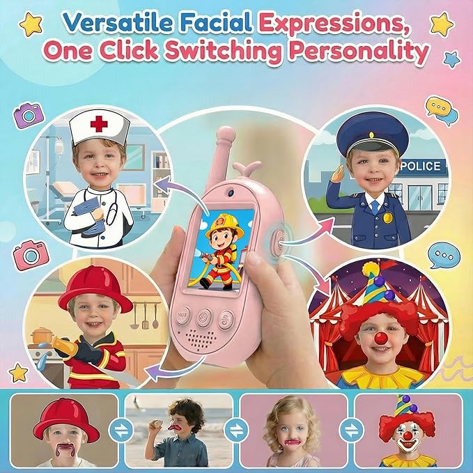 Video Walkie Talkies for Kids, Headband Emoji Function, 4 Voice Changing Switches, Hanging Rope Top-C Charging, Video Walkie Talkies (Blue+Pink, Suitable for Children Over 4 Years Old)